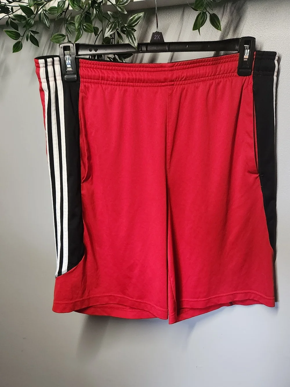 Adidas Athletic Shorts - Red with Black & White Side Stripes Men's Large